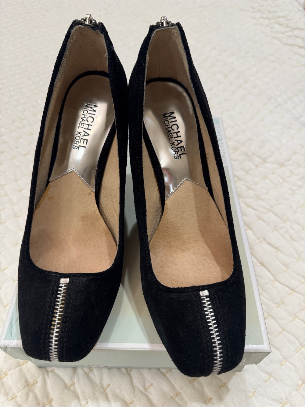 MICHAEL Michael Kors Black Suede Pumps with Silver Zip Detail